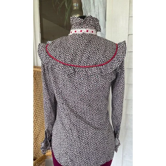 Vintage 1970s Floral Cotton Ruffle Western Shirt Black Red Size Small - Picture 2 of 11